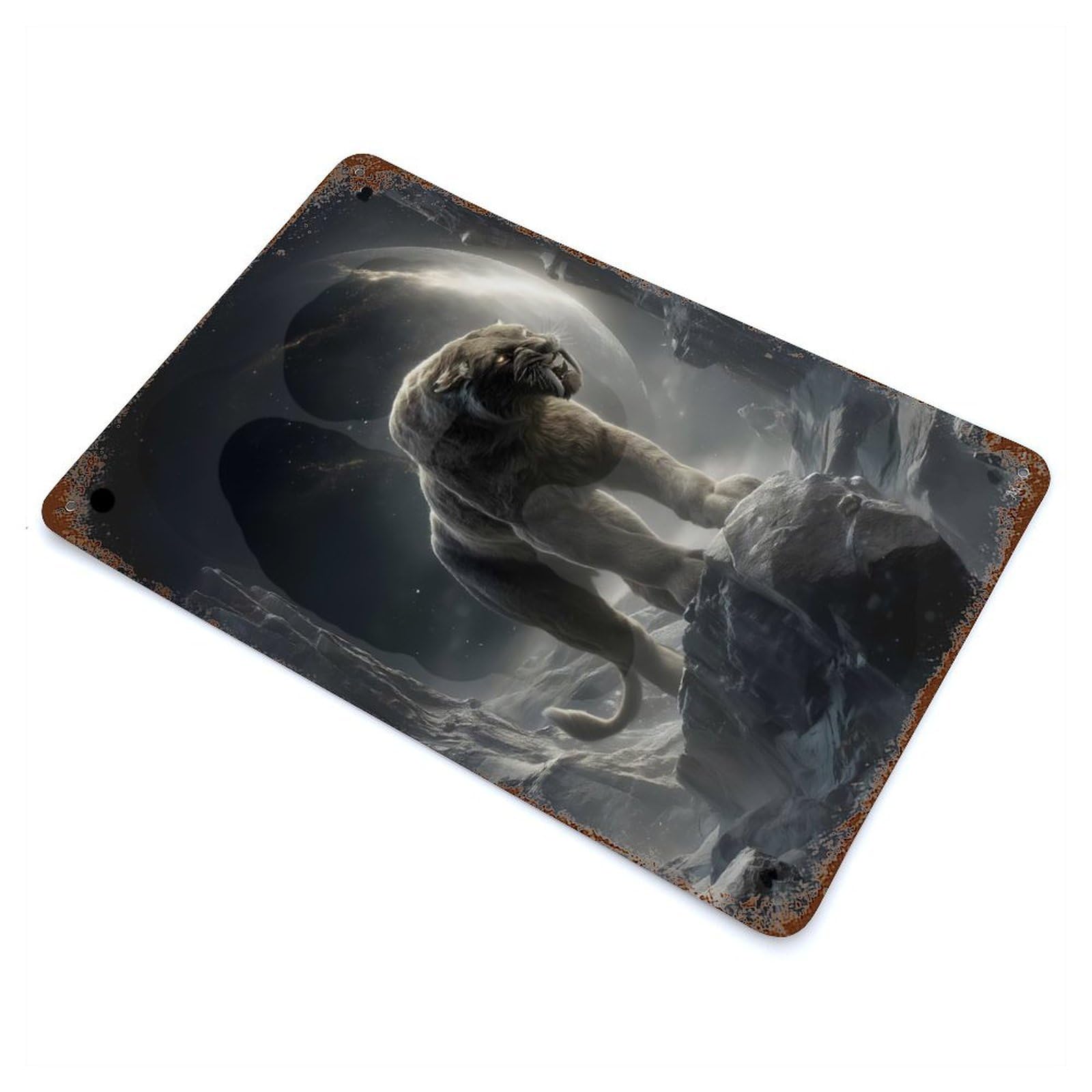 Silent Sentinel of The Moonlit Peaks – Ethereal Wilderness Guardian 11.8"x7.9" Distressed Metal Wall Sign, Shabby Chic Decor for Office, Studio And Wall Decor