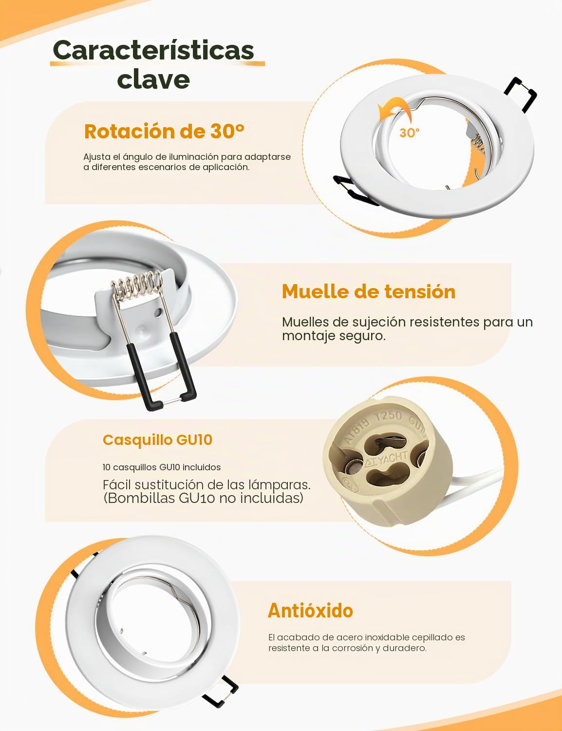 Foco Empotrable LED Techo, 10 Pieza Marco Focos GU10 Blanco Redondo, con Portalámparas GU10 para Lámparas de Led O Halógena, Ángulo basculación 30° AC 230V, Marco Empotrado Ojos de Buey para Techo