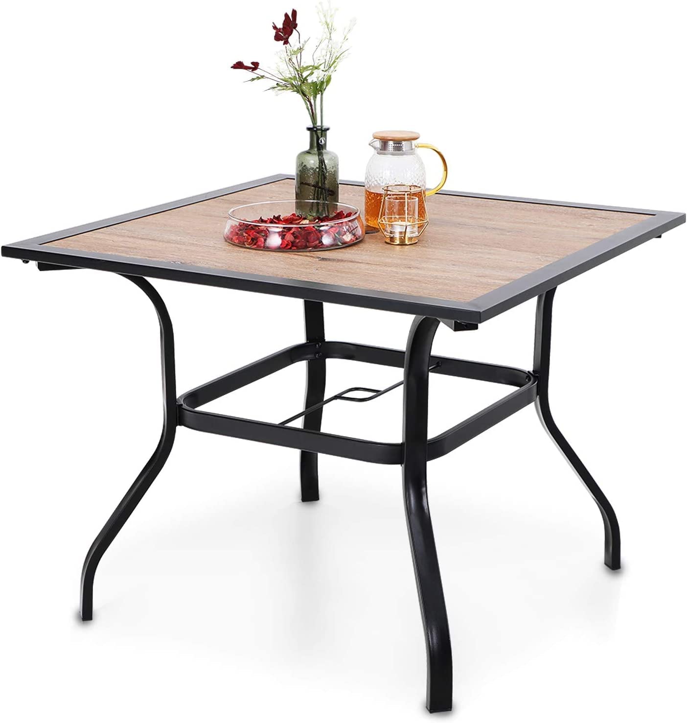 PHI VILLA Gartentisch Esstisch Terrassentisch 94x94 cm Balkontisch, Outdoor Schirmtisch mit 4 cm Regenschirmloch, Stahlrahmen, Premium Holzähnlicher Metall Tischplatte für Terrasse, Rasen, Garten