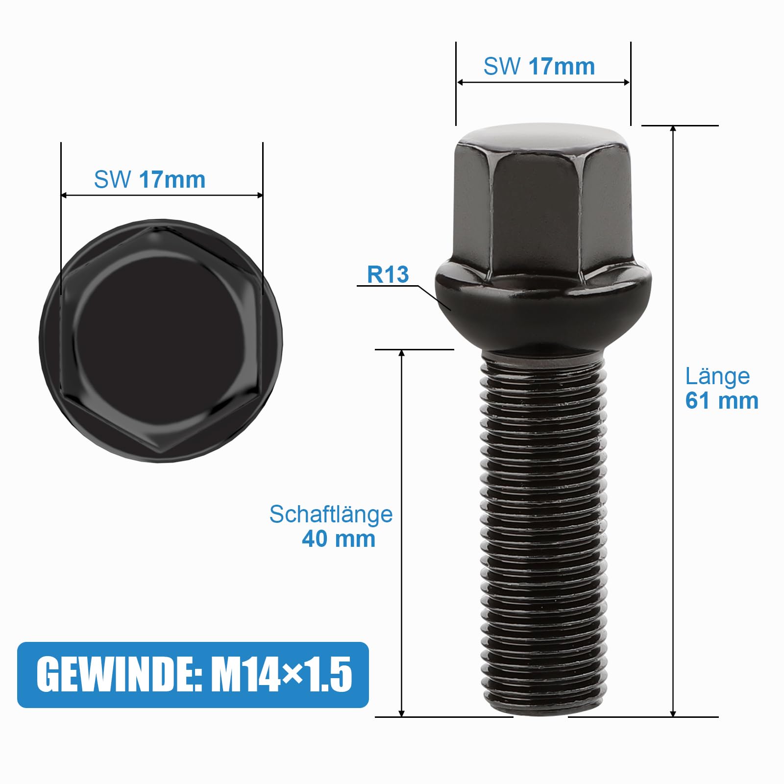 20 Boulons de Roue Filetage 40 mm Pour Élargisseurs de Voie I M14x1,5x40 mm I Siège Sphérique R13 I CLÉ 17 mm I Compatibles avec Jantes OEM pour Audi et VW