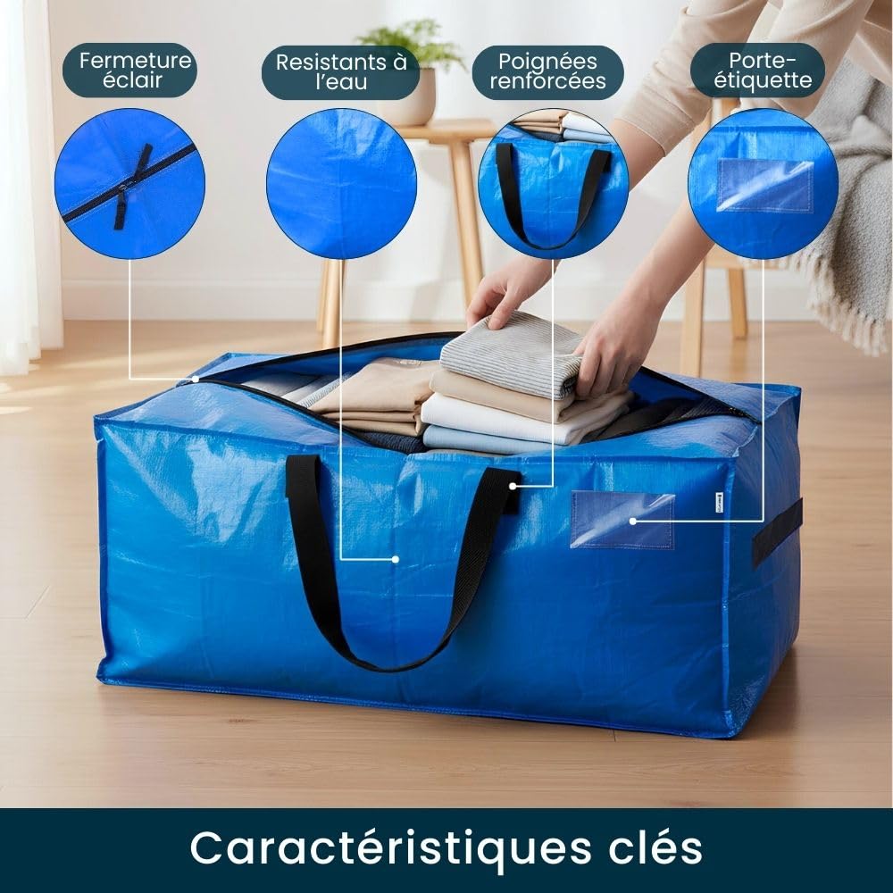 Lot de 4 Sacs Demenagement Grand Format Solides, Portage 2-en-1 avec Poignées, Sac Demenagement Réutilisable et Polyvalent pour Rangement Garage, Cave et Grenier