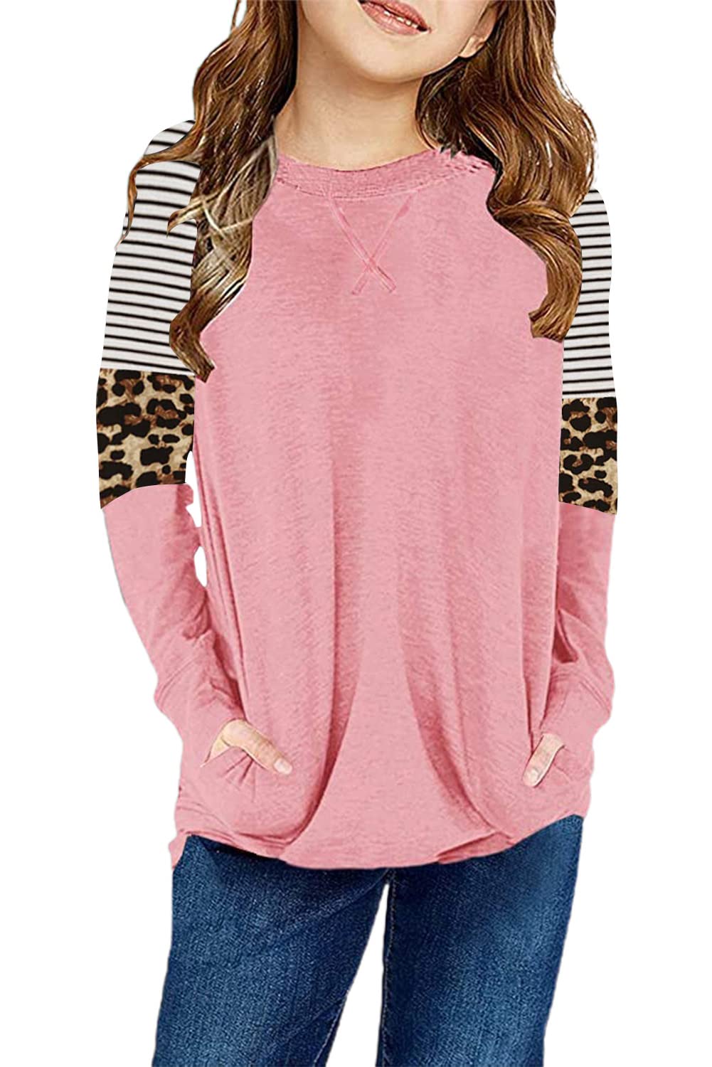 SELINK Girl's Casual Big Kids Long Sleeve Striped Color Block Tees Pockets