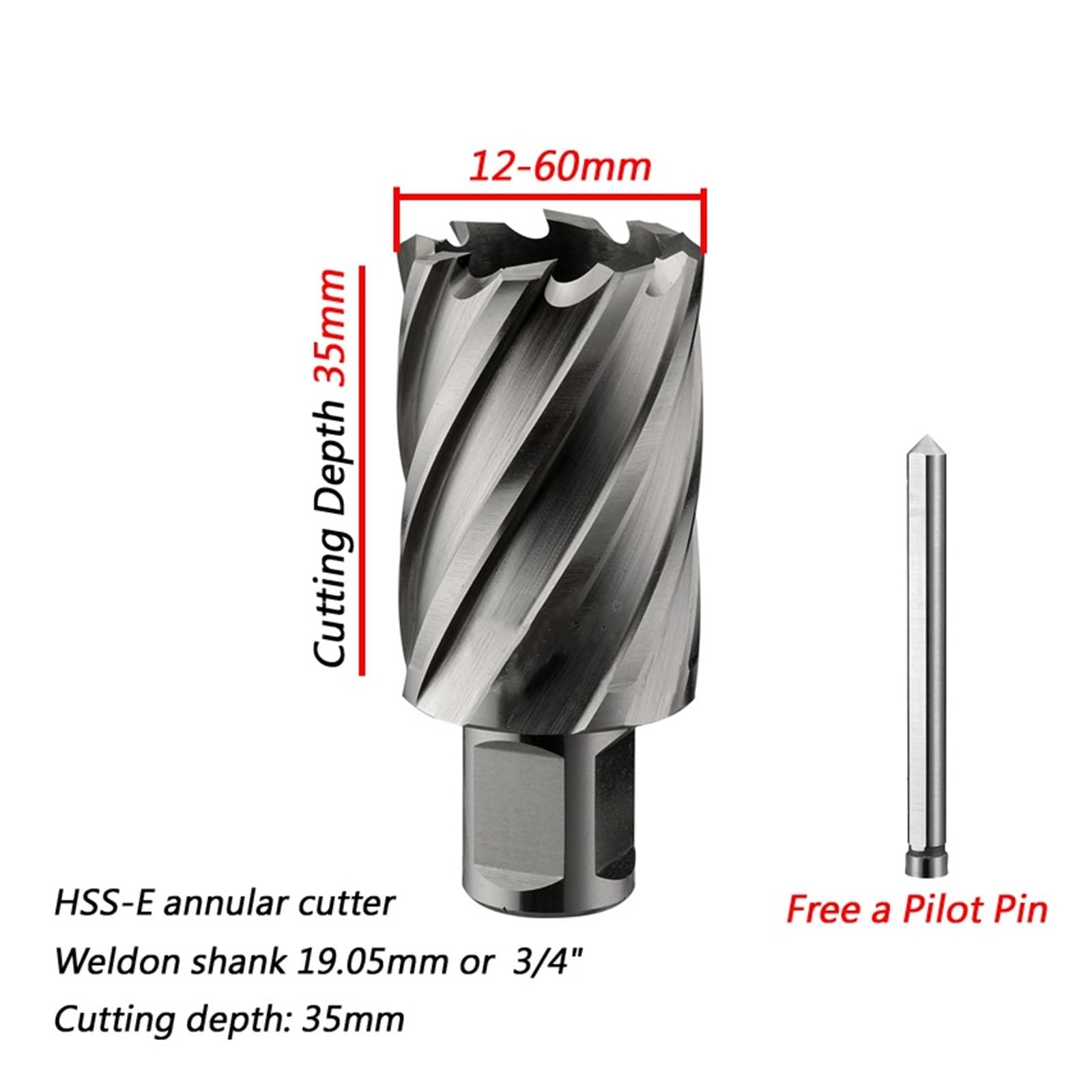 Fresa anulare HSS-E con gambo Weldon da 3/4", diametro punta carotatrice in acciaio rapido 35 mm, profondità di taglio della sega a tazza 12 a 60(28x35mm)