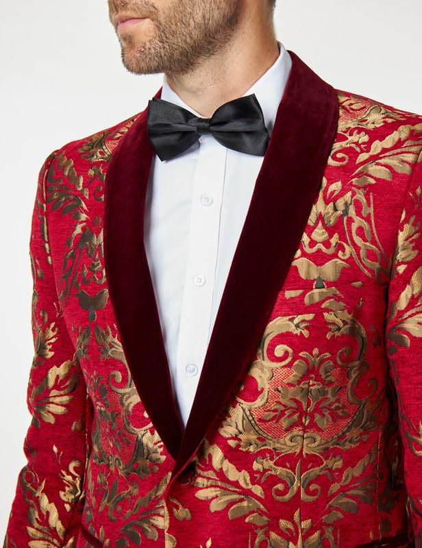 Xposed Stampa Paisley Broccato da Uomo su Giacca Jacquard Rosso Cremisi Blazer da Festa su Misura