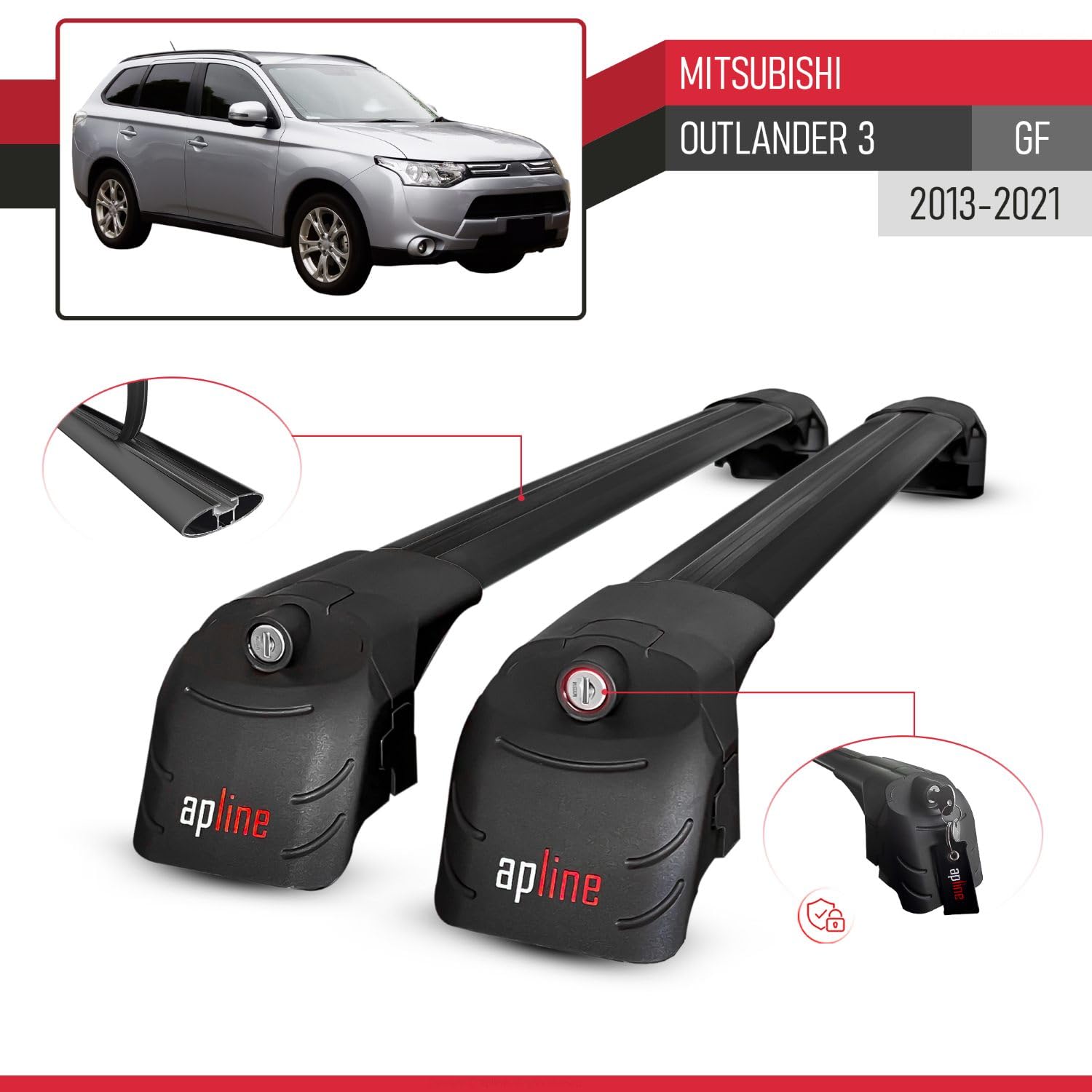 Compatible avec Mitsubishi Outlander 3 (GF) 2013-2021 ACE-2 modèle Barres de Toit Railing Porte-Bagages de Voiture Noir Aluminium Barres