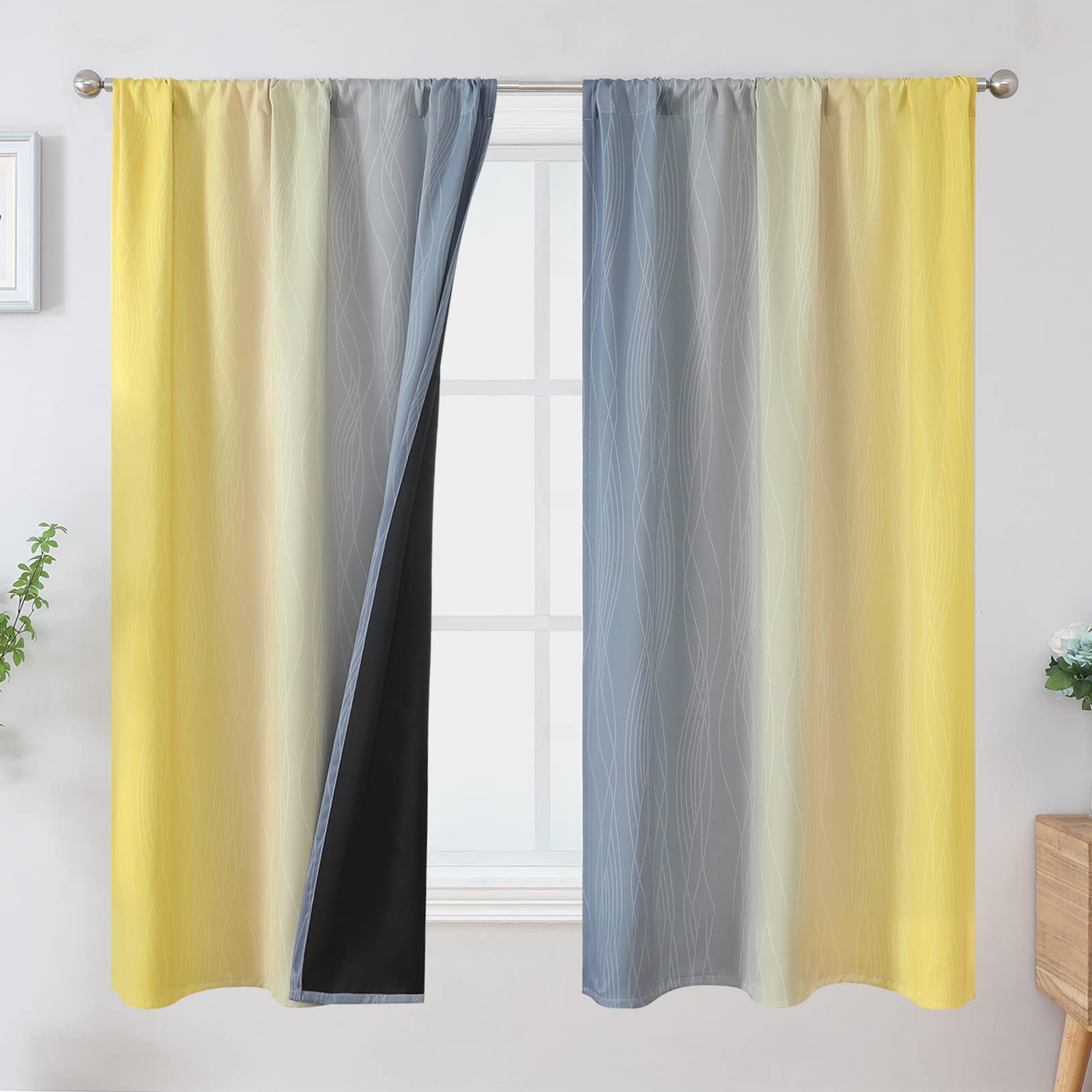 Estelar Textiler Grey and Yellow Blackout Curtains for Bedroom, Light Blocking Two Tone Gradient Drapes with Wave Line Pattern, Room Darkening Rod Pocket Ombre Curtains for Boys Room,42Wx63L,2 Panels