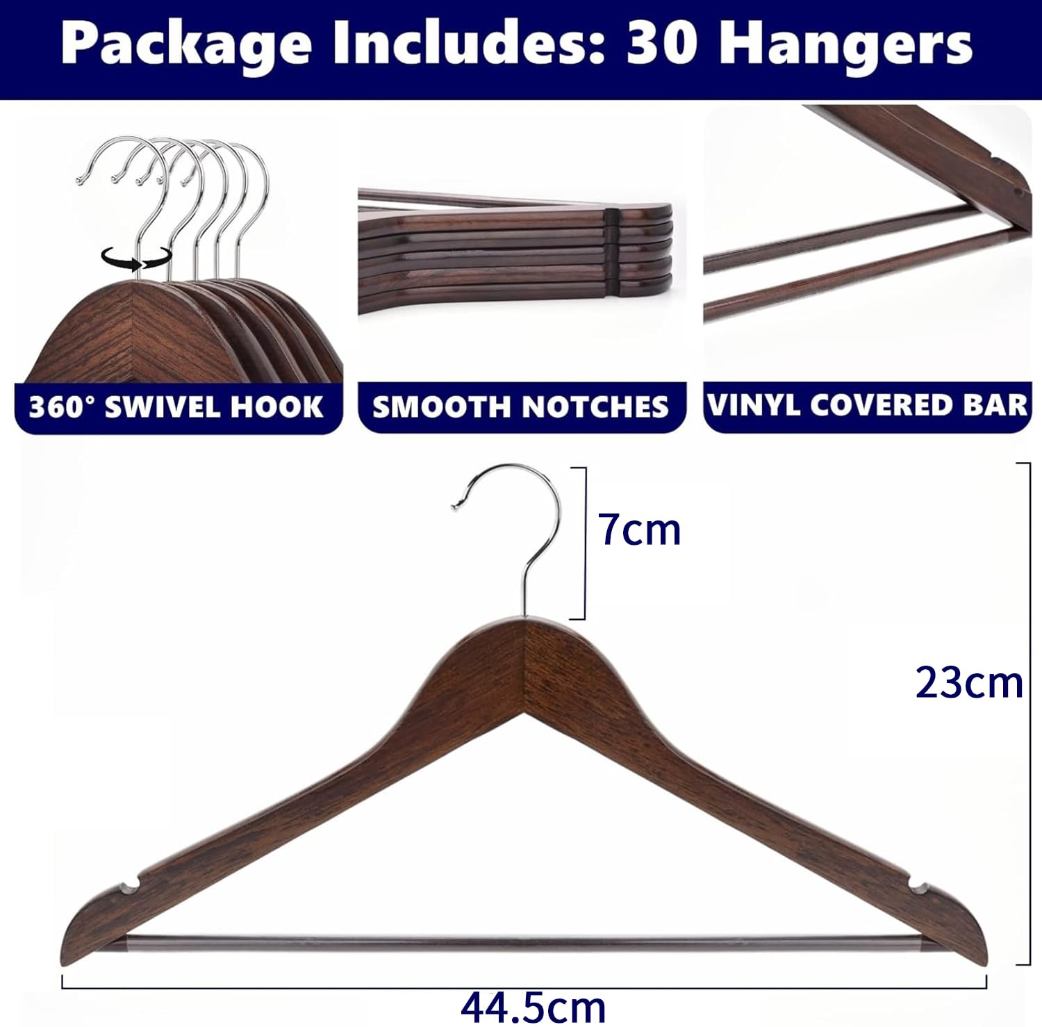 Amber Home 30 Unidades 44,5cm Perchas de Madera Retro, Antiguo Marrón Percha para Camisetas Camisas Trajes Abrigos Vestidos Tirantes Bodas, con Varilla y Ranuras