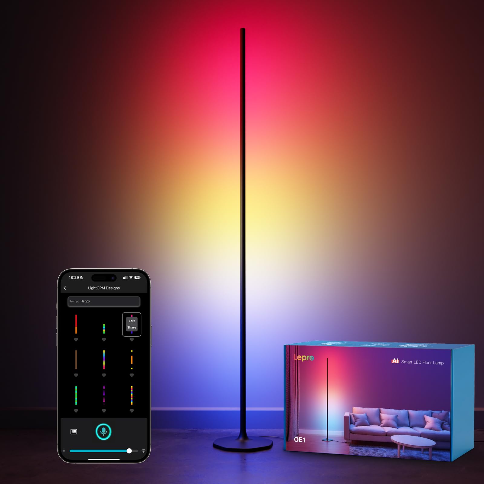 Lepro AI Smart Stehlampe Wohnzimmer OE1, Kompatibel mit Alexa/Google | Stehlampe Dimmbar (140CM), Sprachsteuerung/Musik Sync/DIY, Personalisierter KI-Lichtdesigner, 16 Millionen Farben