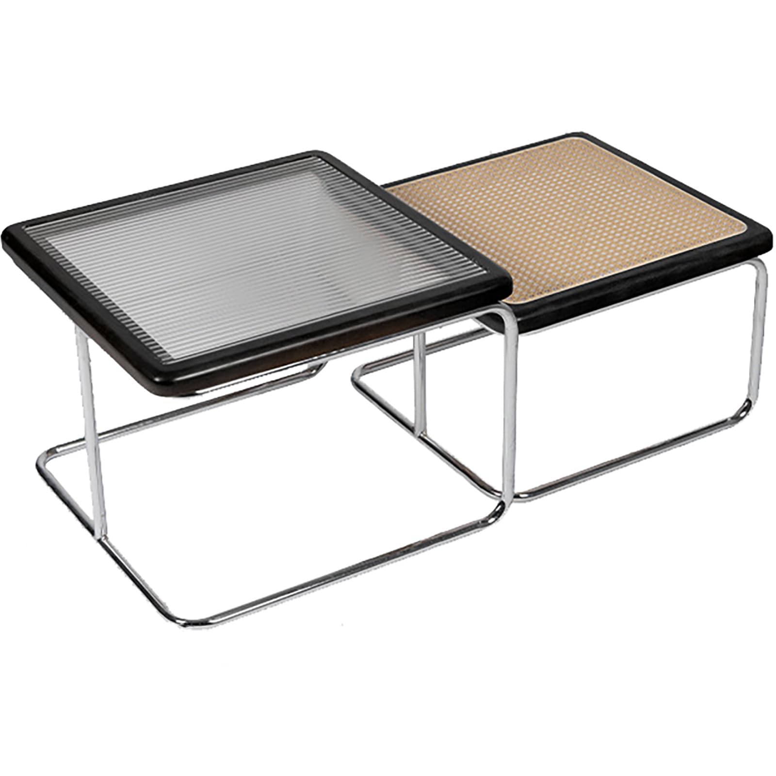 Rectangular Coffee Table, Solid Wood Nesting Coffee Table Set of 2, Wave-Shaped and Rattan Tabletop, Stackable Large and Small Models to Save Space,