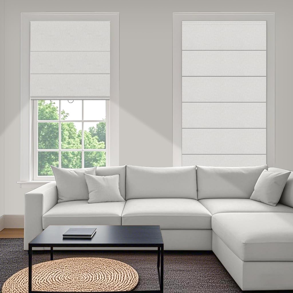 Boolegon No Drill Cordless Roman Shades for Windows, No Fray Blackout Roman Blinds No Tools, Easy Install for Indoor Windows,Living Room,Bathroom, Bedroom, White, Custom Size