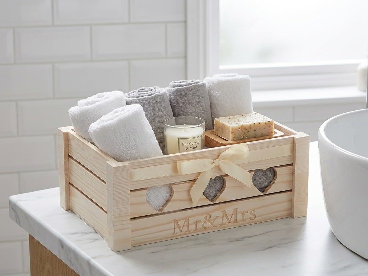 Mr & Mrs Geschenkkorb Hochzeit aus Holz 30x20x12 cm – Geschenkbox Kiefer mit Herzmotiv, Geschenkfolie 100x100 cm, Schleife & Papier – Hochzeitsgeschenk Brautpaar Deko