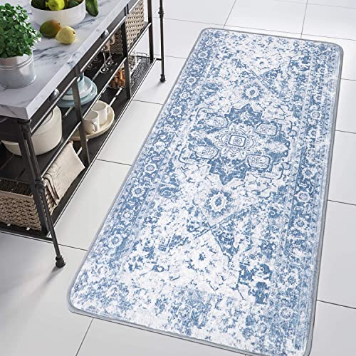 Famibay Hallway Runner Non Slip Runner Rugs for Hallway 60x120cm Washable Blue Vintage Kitchen Hall Carpet Floor Rugs for Entryways Bedroom Laundry