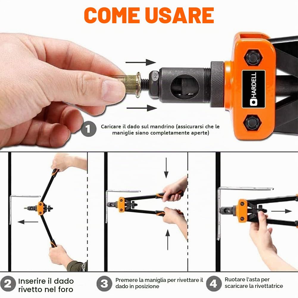 HARDE Rivettatrice Per Trapano, 14"Professionale Manuale Rivettatrice Pistola con 6pz Mandrini Metrici Intercambiabili E 150pz Rivetti Dadi Filettati M3 M4 M5 M6 M8 M10(35.5cm)