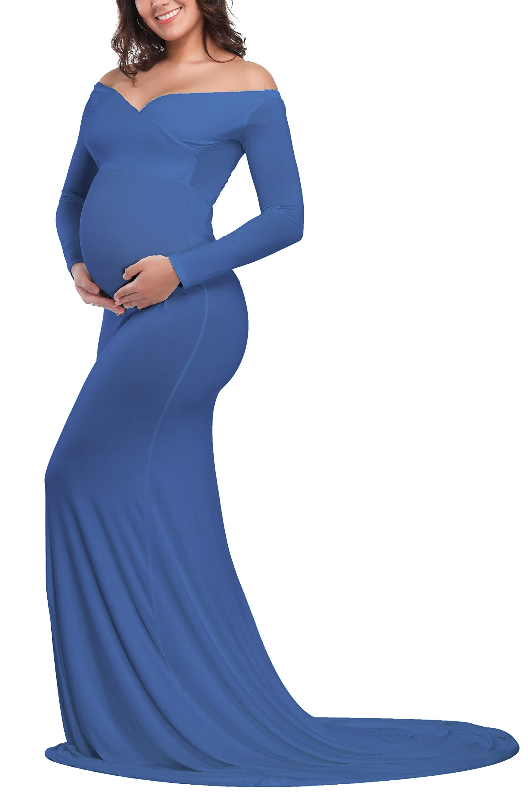 JustVHMaternity Elegant Fitted Maternity Gown Long Sleeve Cross-Front V Neck Slim Fit Maxi Photography Dress for Photoshoot