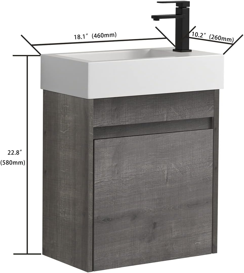 Wall Mount 18 Inch Bathroom Vanity W/Sink Combo for Small Space, Modern Design Vanity Cabinet Gel Basin Countertop, Float Mounting Design Cabinet Set with Single Soft Close Doors (without Faucet)
