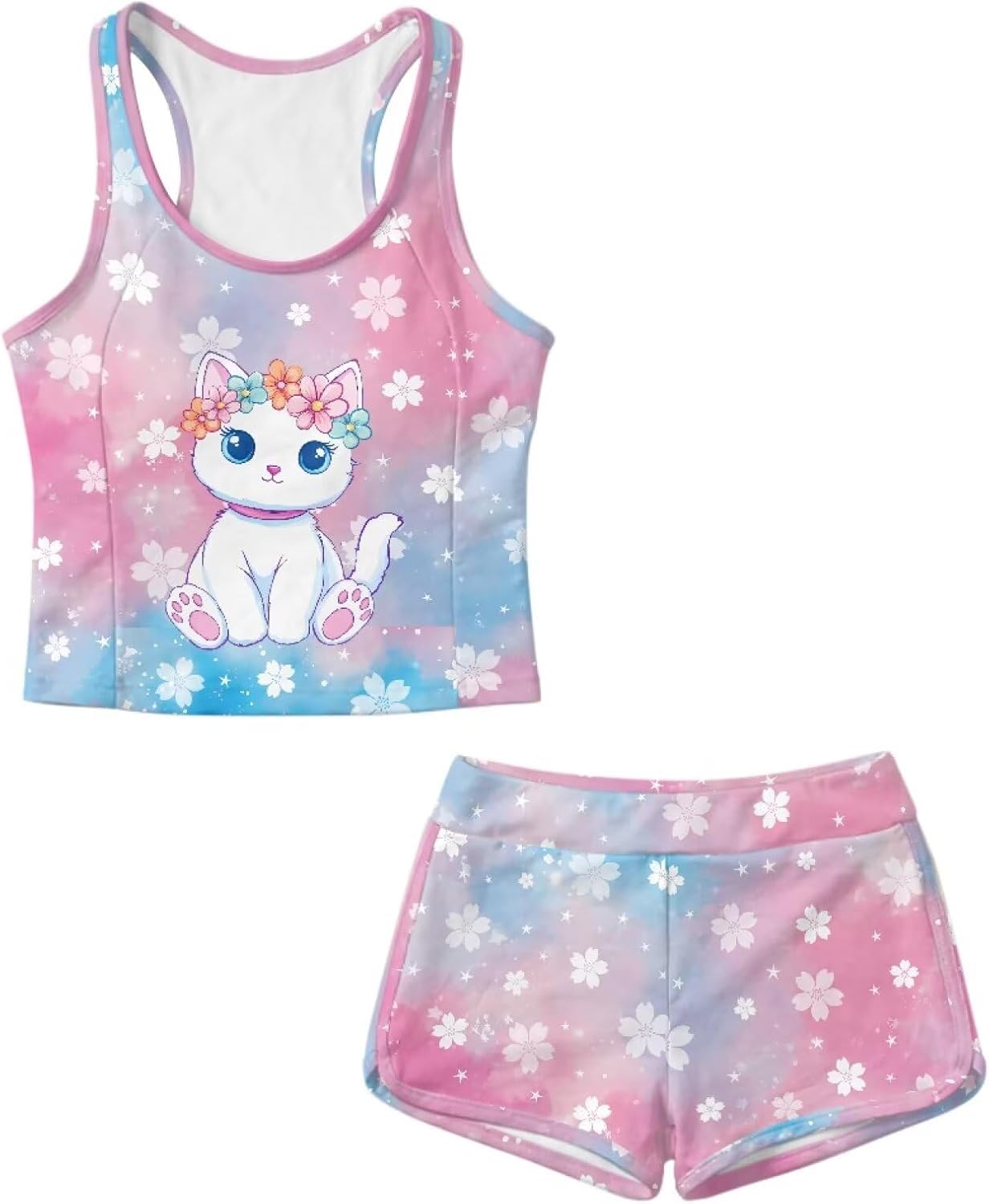 Girls Swimsuit 2 Piece Tankini Swimsuits Cute Bathing Suit Tank Top and Shorts Tankini Set 6-15T