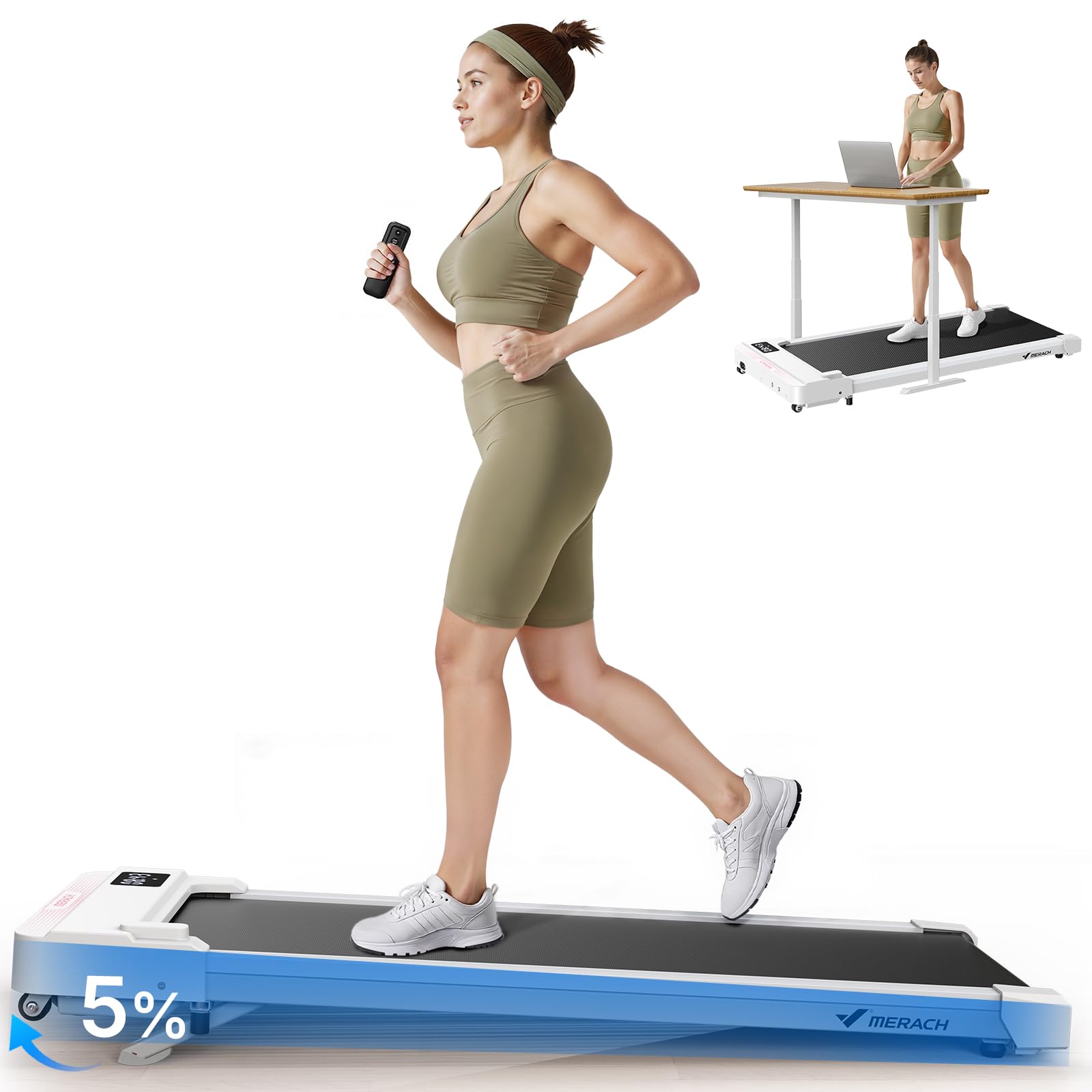 MERACH 2 in 1 Walking Pad with 5% Incline, 2-6 km/h Treadmill for Home, 3.0HP Under Desk Treadmill, Walking Pad for Home and Office, Remote Control, Load Capacity up to 136 kg, LED Display, APP（White) — image 1