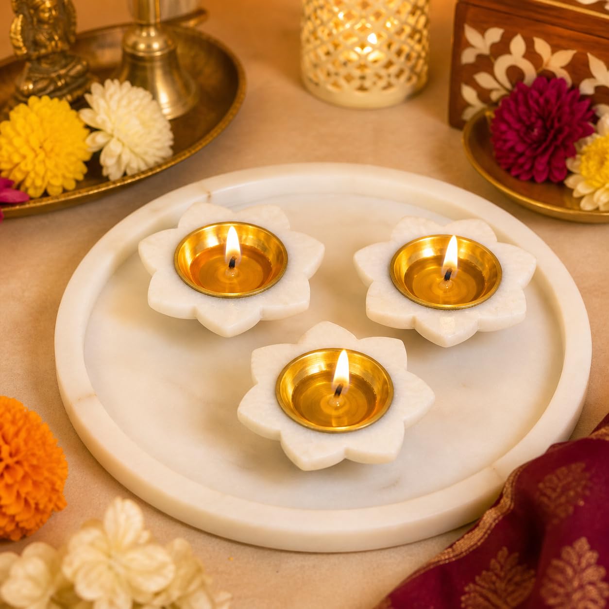 White Marble Tealight Candle Holders with Brass Interior, Set of 3 — Elegant Home & Festive Decor| Decor Items | Diya for Pooja, Decor and Special Occasion-image-7