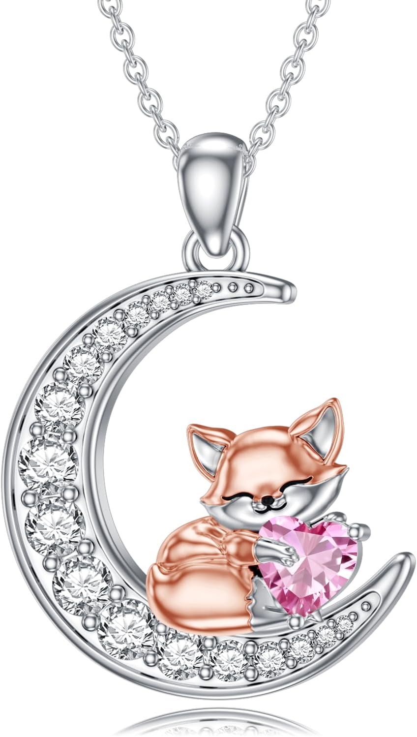 LONAGO Fox Moon Pendant Necklace Birthstone Fox Necklace Gift for Women