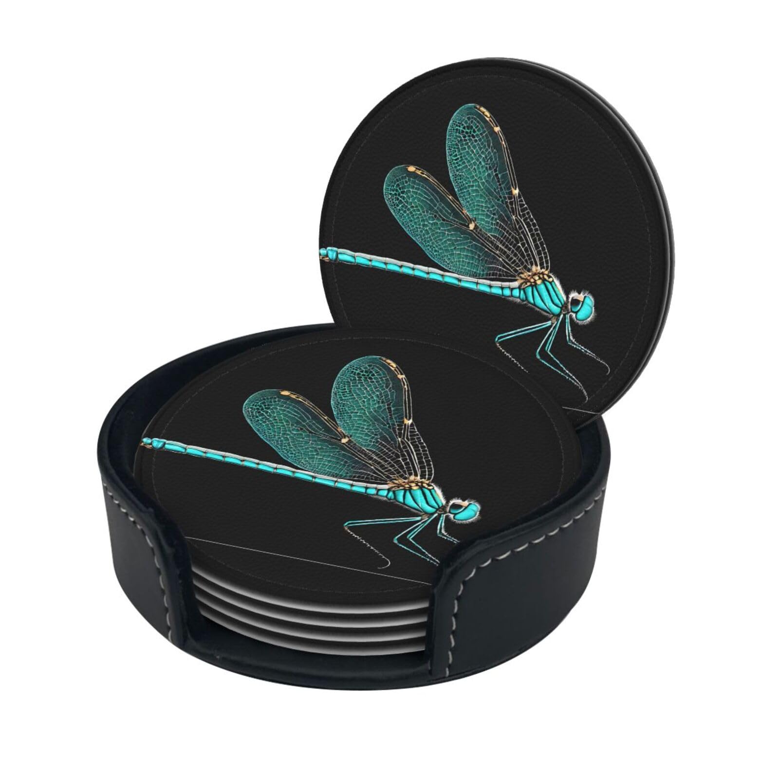 Dragonfly Black Print Coaster,Round Leather Coasters with Storage Box for Wine Mugs,Cold Drinks and Cups Tabletop Protection (6 Piece)