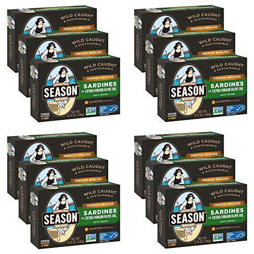 Image of Season Brisling Sardines in Extra Virgin Olive Oil, 3.37 Oz Tins, 12-Pack | Wild Caught, 14g of Protein, Keto Snacks, More Omega 3's Than Tuna, Kosher, High in Calcium, Canned Sardines, Cross Packed