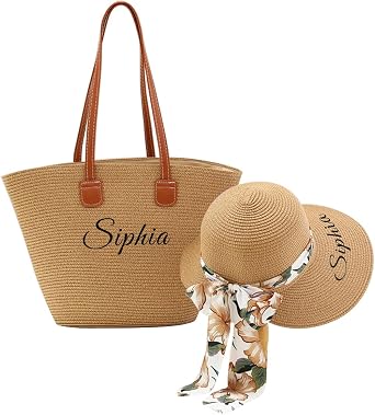 Personalized Custom Womens Summer Straw Hat and Tote Bag Set Beach Vacation