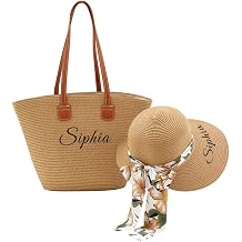 Personalized Womens Straw Hat and Tote Bag Set, Custom Summer Foldable Wide Brim Sun Hat Floppy Beach Bag Travel Vacation