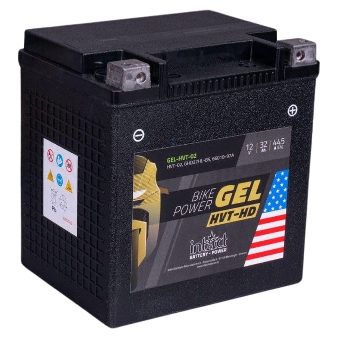 intAct - Gel HVT-02 MOTORRADBATTERIE - Motorrad Batterie Perfekt für Harley Davidson & andere hubraumstarke 2-Zylinder. Bike-Power GEL-HVT-02, GYZ32HL, 12V Batterie, 32 AH, 445 A. 169x131x174mm