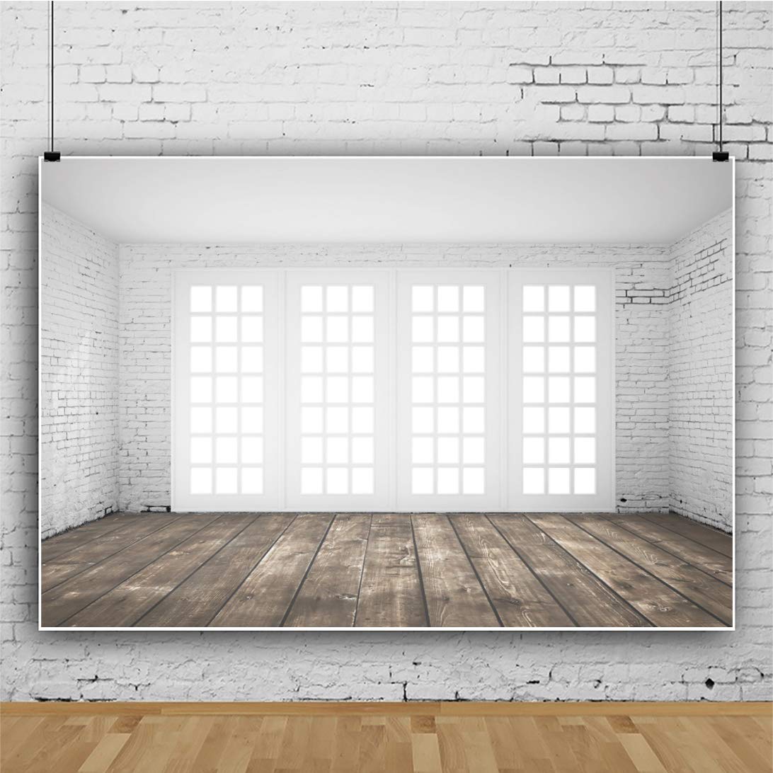 YongFoto 10x8ft Vintage Modern Empty Room Space Backdrop Retro Grey White Brick Wall Luxury White French Windows Wooden Floor Photography Background Wedding Birthday Kids Adults Portrait Video Prop