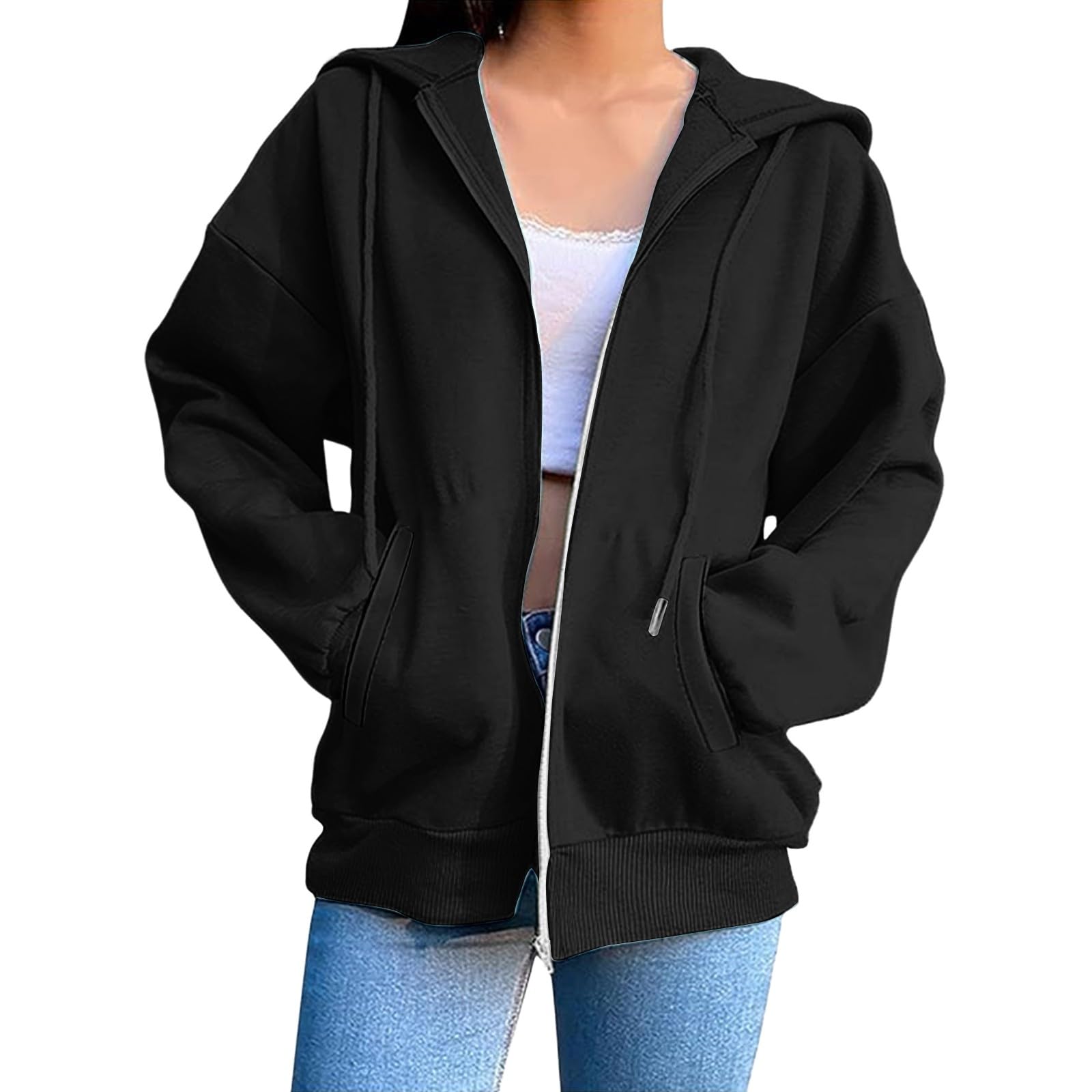 Générique Sweats à Capuche Femme Zippé Veste Hoodie Surdimensionné à Manches Longues Surdimensionné avec Poche Décontracté Ample Chic et Elegant Oversize Sweatshirts Manteau Streetwear Automne Hiver