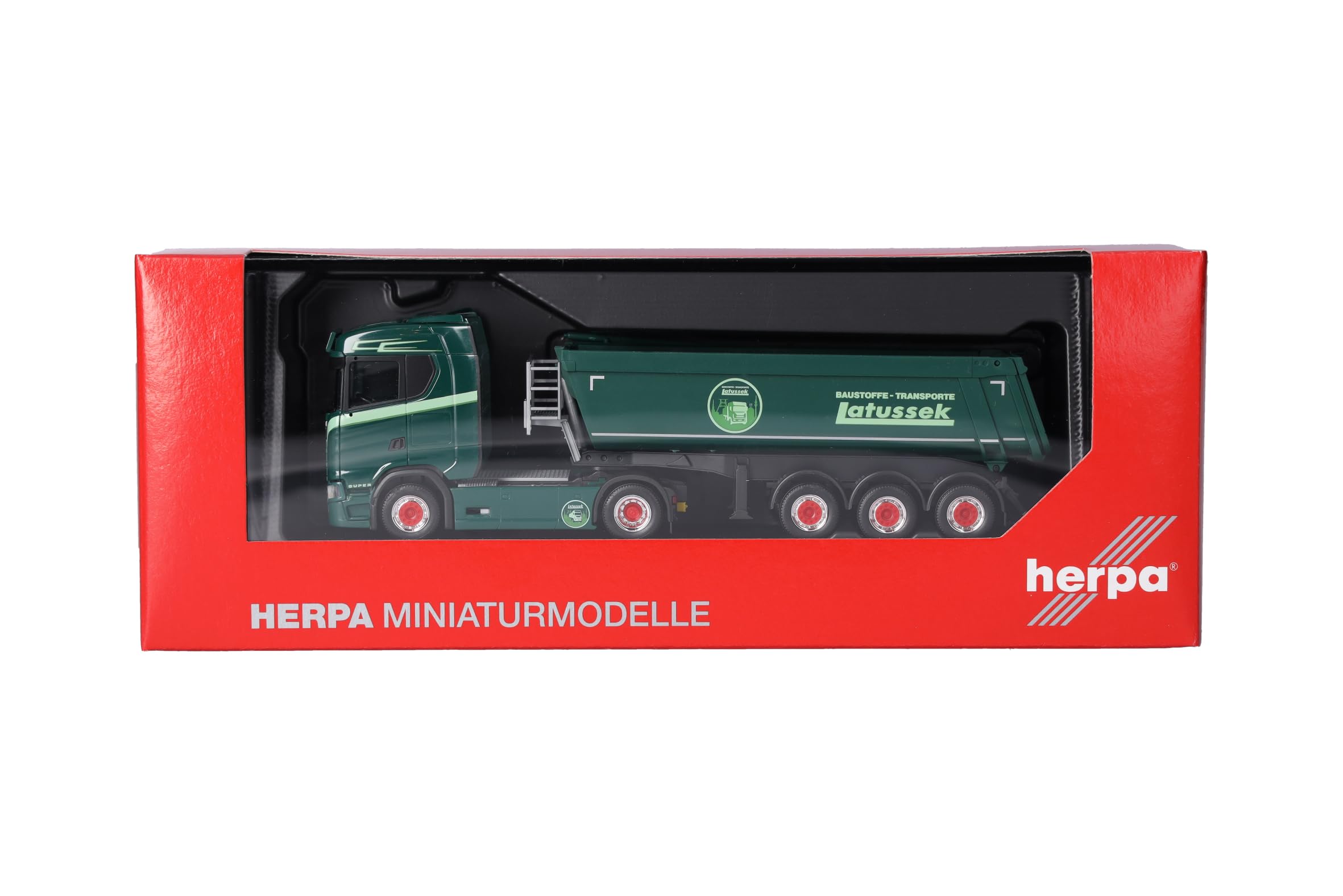 Herpa LKW Modell Scania CS 20 ND Rundmulden-Sattelzug Latussek, Miniatur im Maßstab 1:87, Sammlerstück, Made in Germany, Kunststoff
