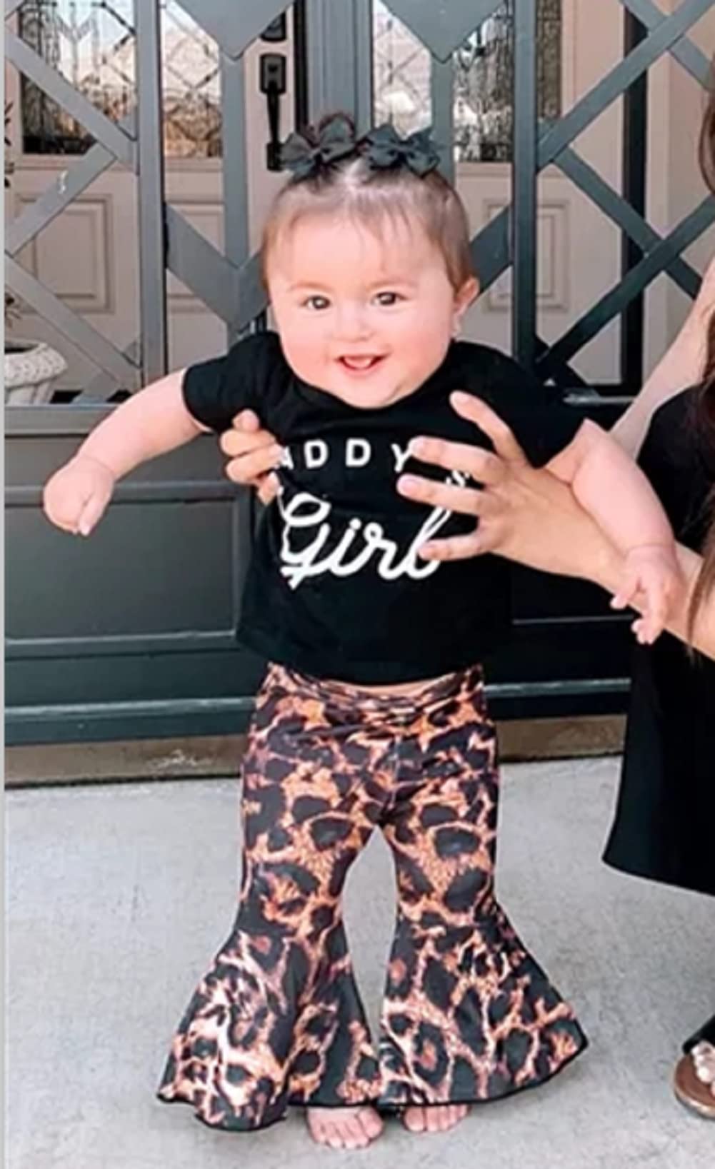 Newborn Baby Girls Summer Outfits Daddy's Girl Short Sleeve T-Shirt Leopard Flared Pants 2Pcs Clothes Set (Black+Leopard, 0-6 Months)