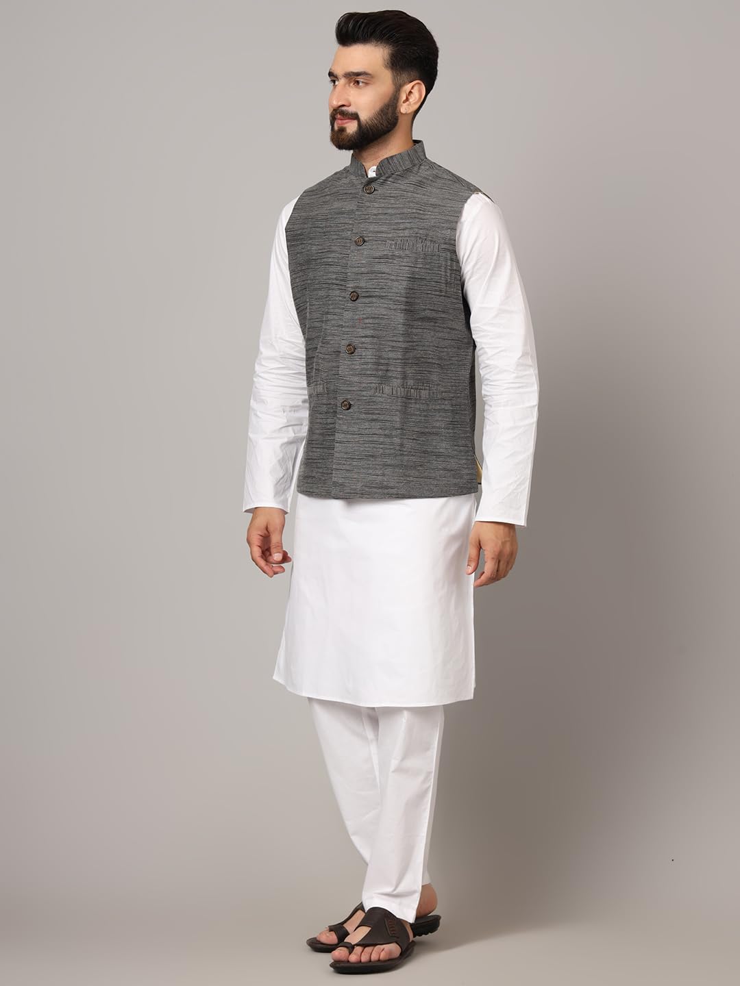 LATEST CHIKAN Men's Nehru Jacket/Waistcoat Sophisticated Ethnic Wear - SADRI-DK-GY-46 - Image 4 thumbnail
