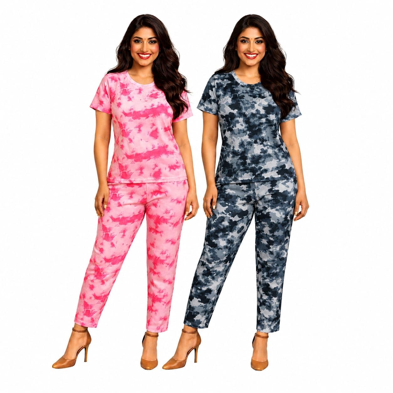 sya clothing Women's Tie Dye Pajama Set, Short Sleeve Top with Pants, Relaxed Fit, Casual Loungewear, Pink and Teal-picture-53