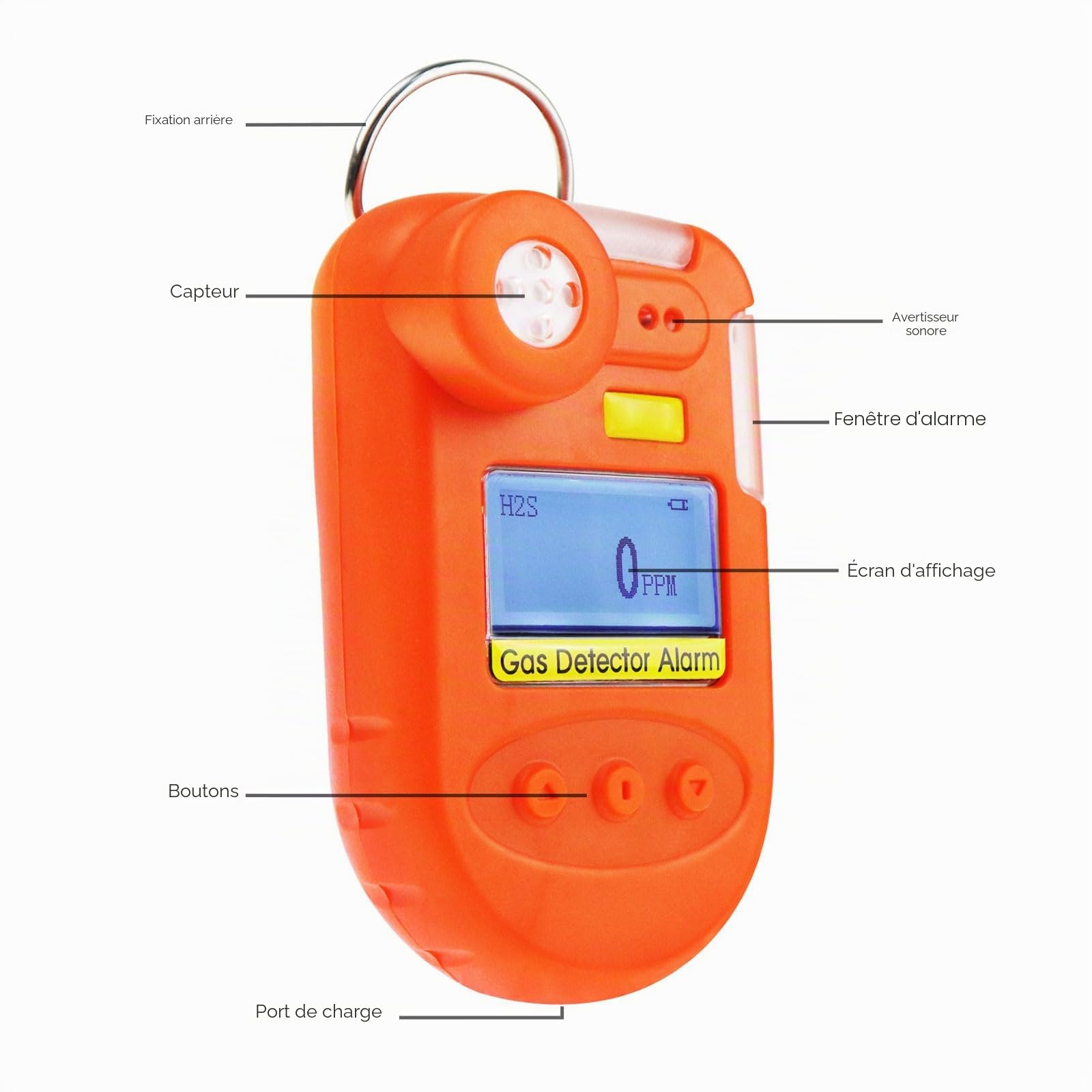 H2S - Détecteur de gaz numérique H2S à clipser - 0 ~ 100 ppm - Détecteur de sulfure d'hydrogène avec vibration, sonnerie et alarme visuelle, affichage en temps réel et date et fonction