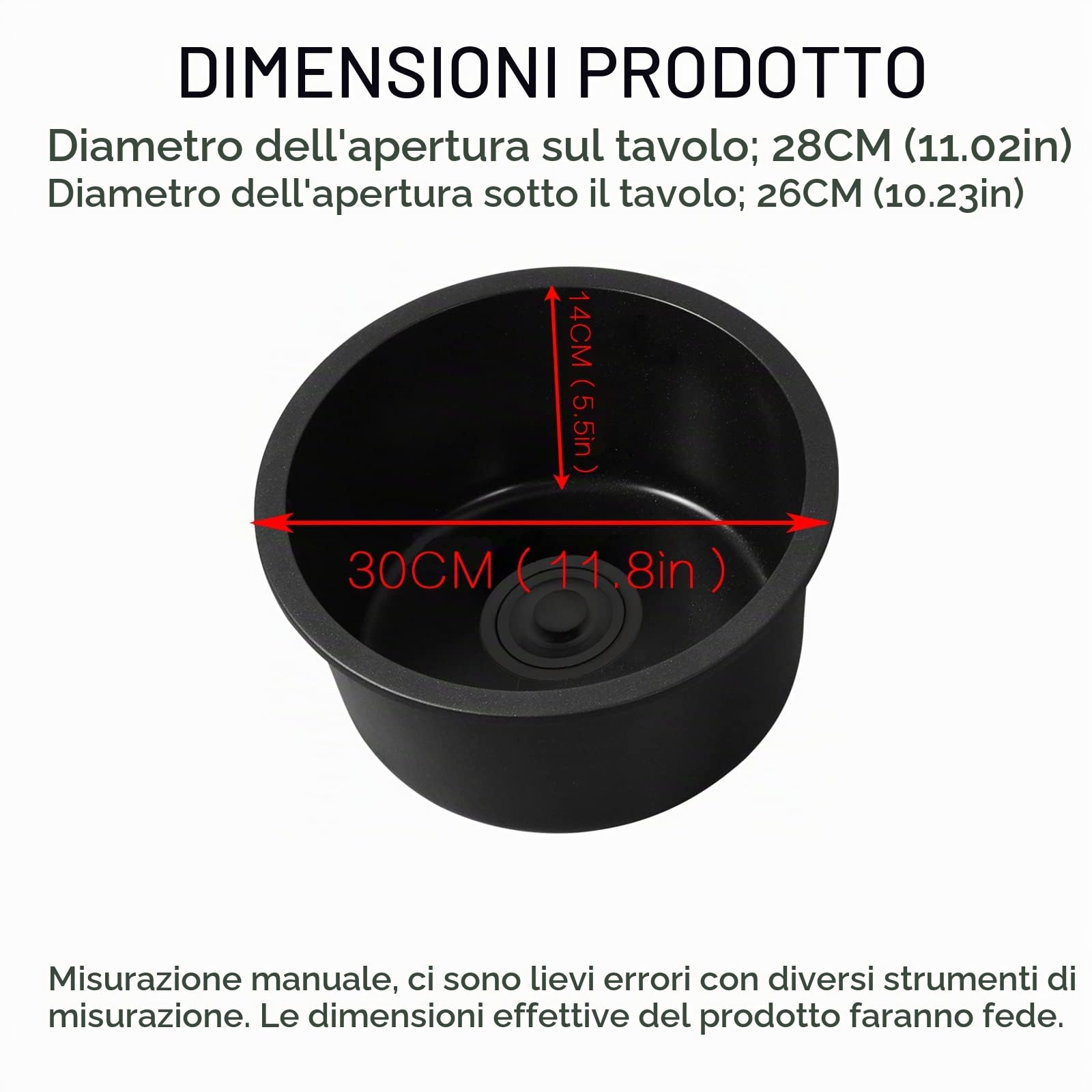 Lavandino Rotondo Nero per Cucina, Bagno e Piscina - Singolo Tondo per Ristrutturazione, Lavaggio di Verdure e Piatti - Vasca Singola (30cm, Nero)