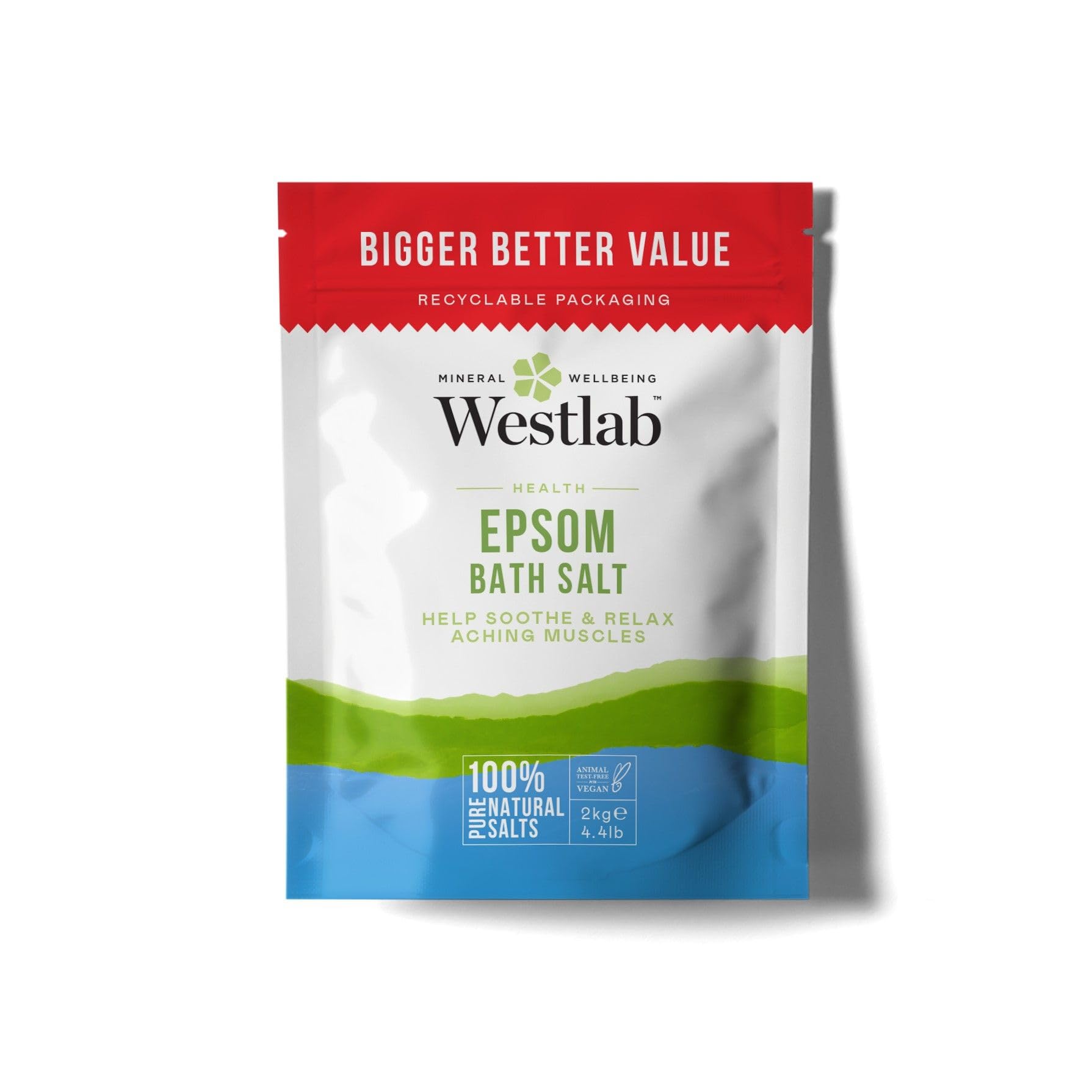 Westlab - Reviving Epsom Salt - 2kg Resealable Pouch - 100% Natural, Pure & Unscented Mineral Salts - Supports Sleep and Relieves Aching Muscles (Packing may vary).