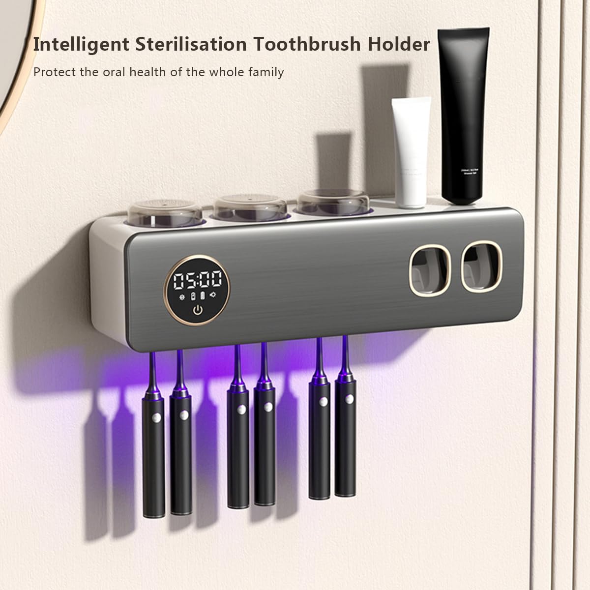 LANMOU Desinfectante UV para Cepillos de Dientes Soporte de Cepillo de Dientes Familiar Montado en la Pared con Esterilizador y Función de Secado, Portacepillos Eléctricos con 3 Vasos (Grey White)