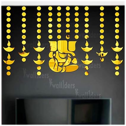 Wall1ders Big Ganesha 10 Diya 100 dots Gold Acrylic Mirror Stickers for Wall, Decorative Items Home Decoration for Bedroom, Living Room, Office, Study Room