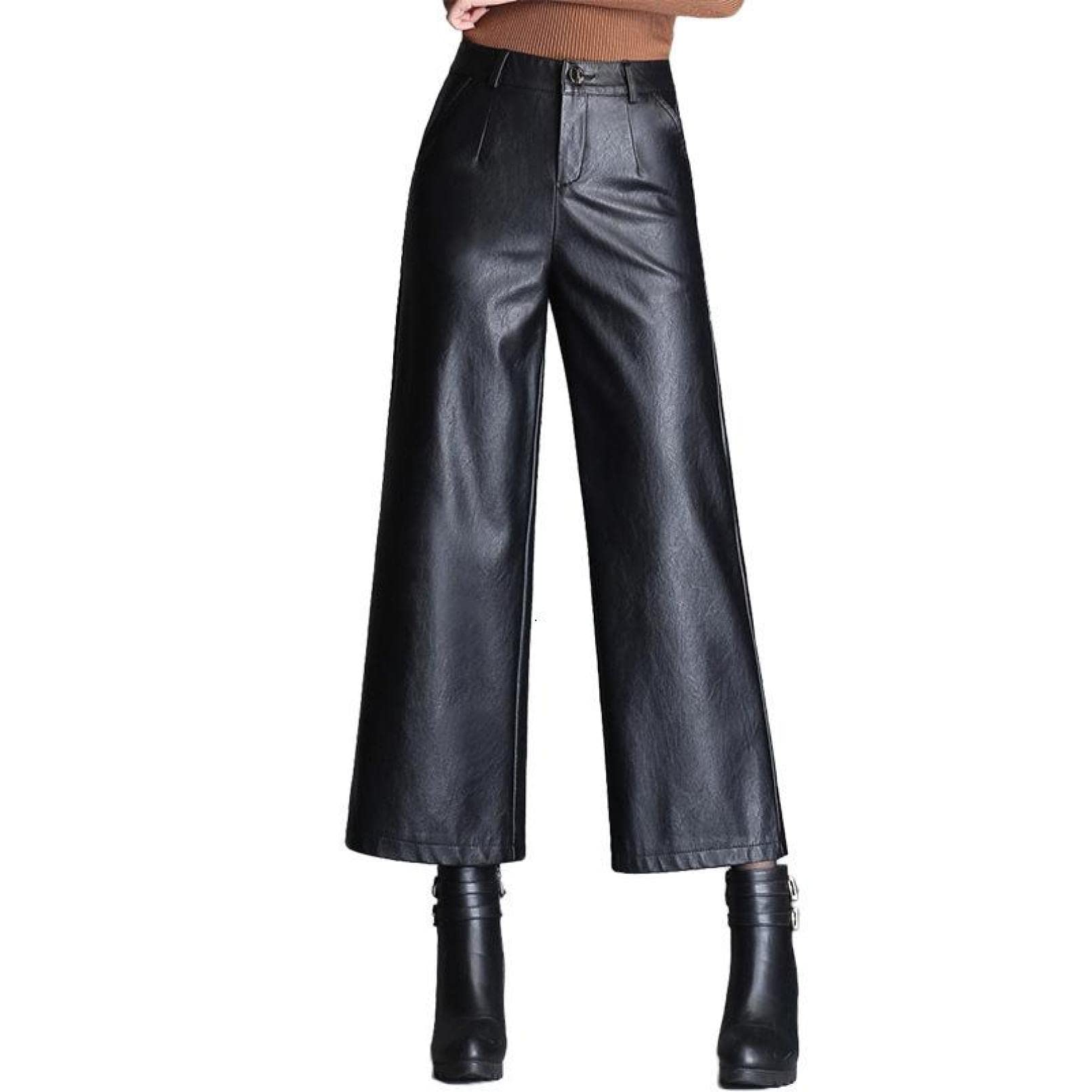 Oversize High Waist Pu Wide Leg Ankle Length Pants Women