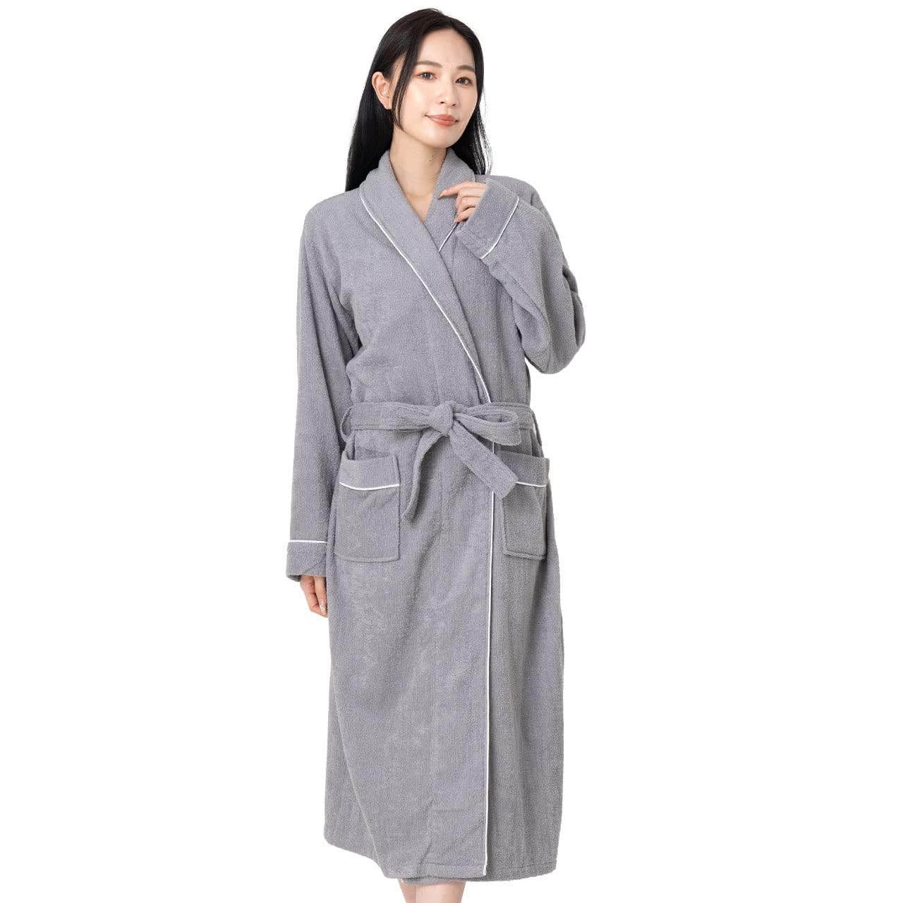 Origin Life Bathrobe, Gown, Towel Fabric, With Pockets, Quick Drying, 100% Cotton, Room Wear, For Baths, Hot Springs, Nursing, Baby Showing, Pair Bathrobe, Loungewear, Ladies, Pile M gray (light gray)