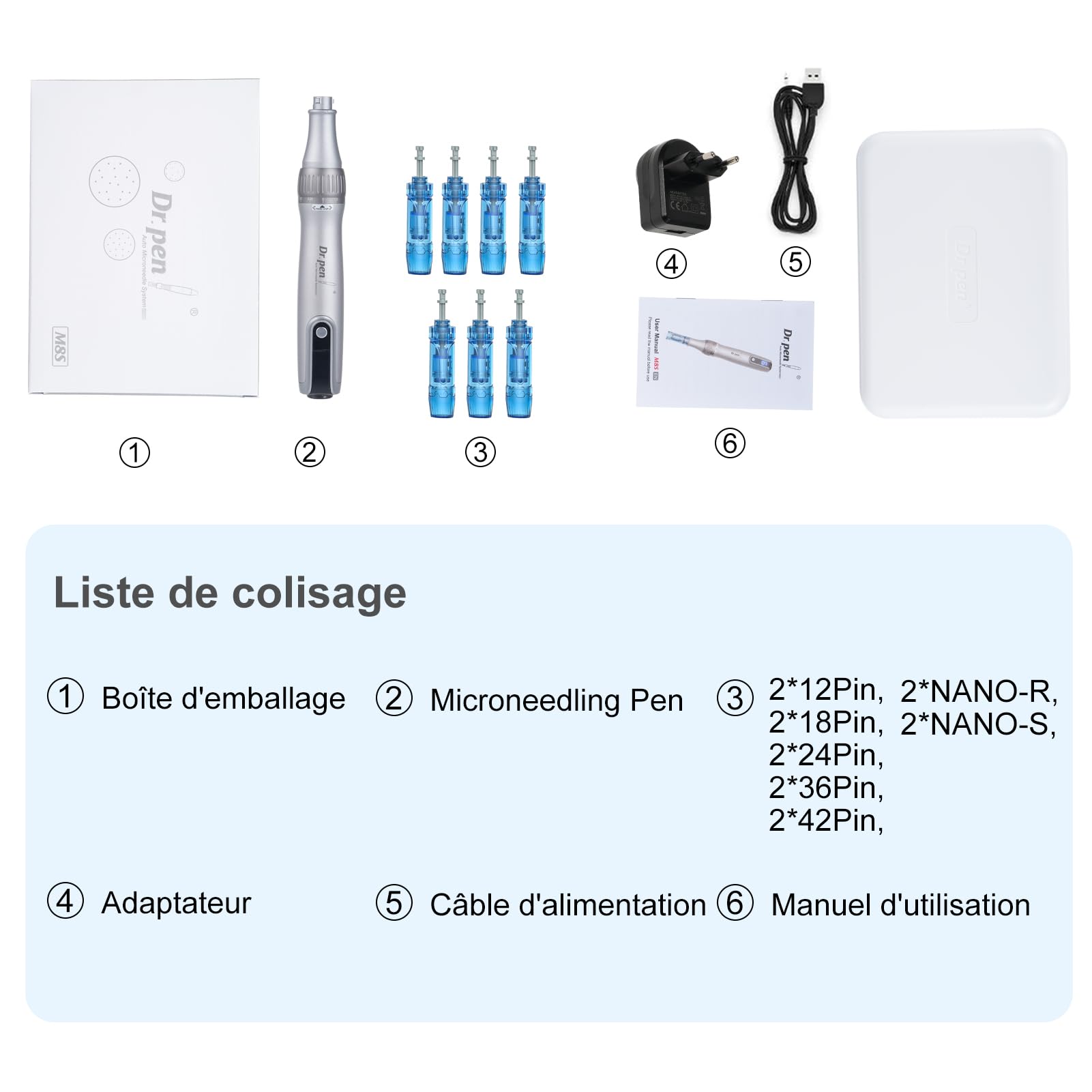 Dr Pen Microneedling M8S Microneedling Pen avec gamme complète de cartouches, 14 cartouches de stylo M8S, utilisé pour anti-âge, raffermissement de la peau, éclaircissement des imperfections de la
