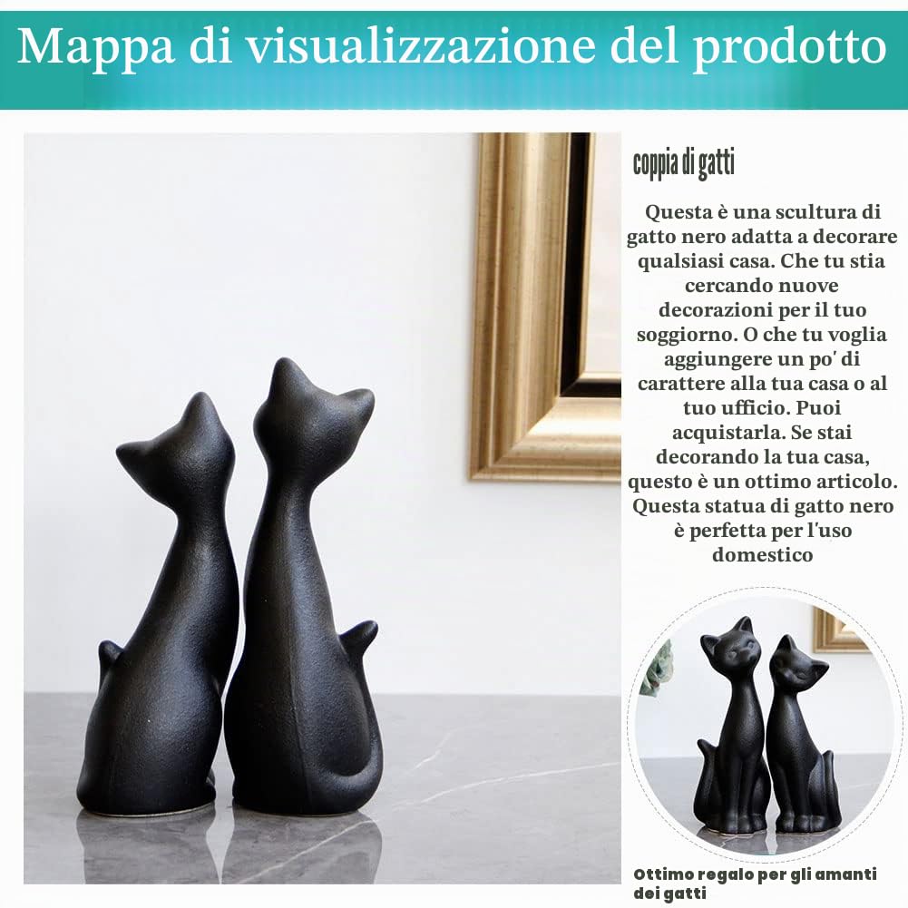 2 pz Figurine di Gatto Nero in Porcellana, Decorazioni per la casa Mini Figurine di Gattino Nero Opaco, Regalo per gli Amanti dei Gatti, Adatto per la Decorazione di Interni o Regalo di Nozze