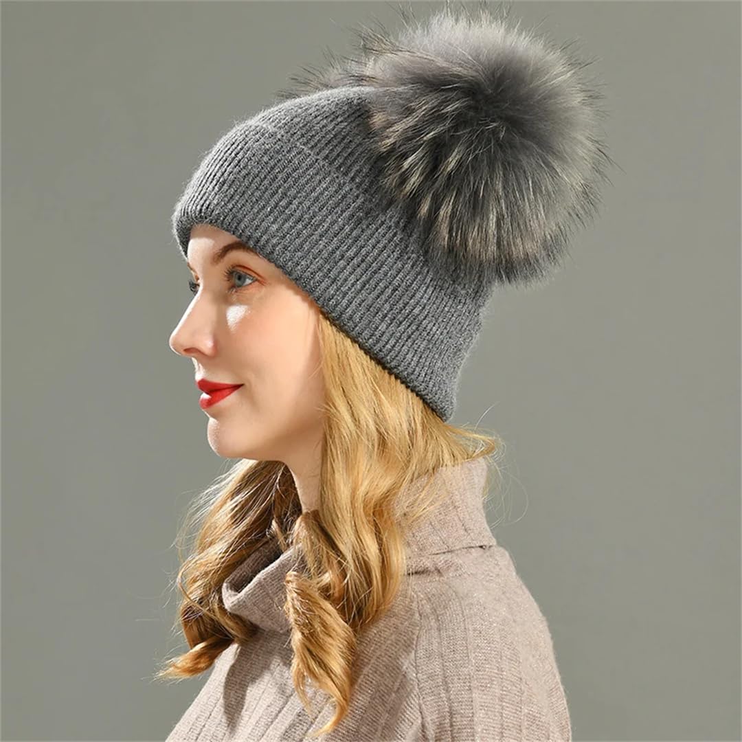Wvapzxx Gorro Con Pompón De Piel Doble, Gorros De Invierno Para Mujer, Gorros De Lana Tejidos, Gorros, Gorros Para Niñas, Gorro Con Pompón De Dos Pieles