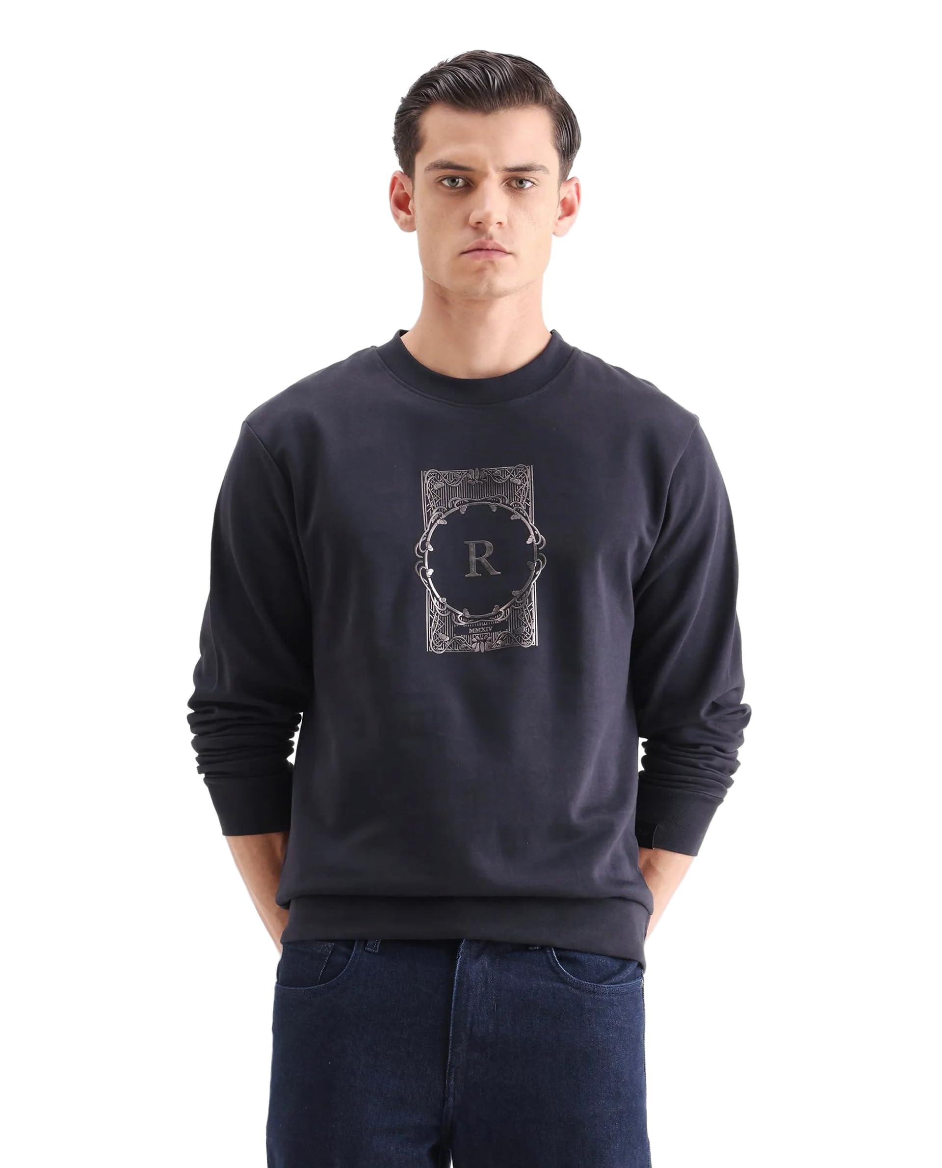 rare rabbit Men's Kav Regular Graphic Cotton Crew Neck Sweatshirt-picture-34