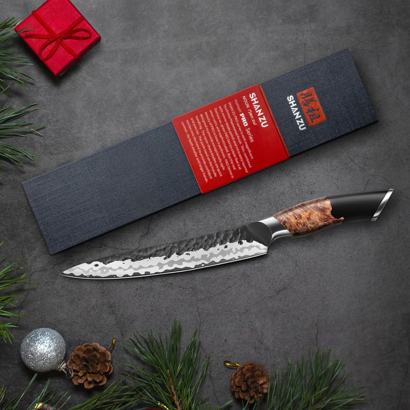 SHAN ZU Coltello Multiuso Giapponese 15 cm Forgiato a Mano | Acciaio a 7 Strati ad Alto Carbonio, Manico Ergonomico in Acero, Ultra Affilato
