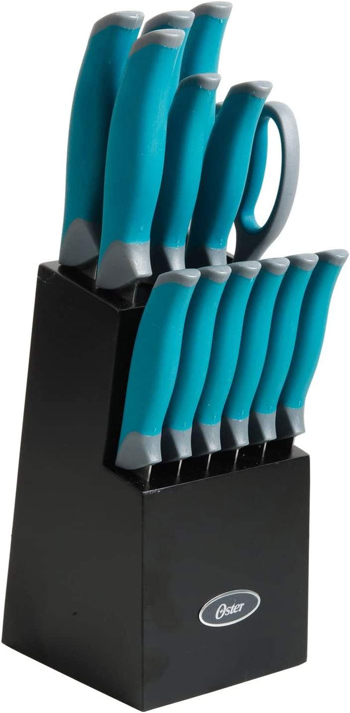 Oster 81007.14 Lindbergh 14 Piece Stainless Steel Cutlery Set Black Block With Sharpener, Teal Handle Kitchen Knives Set,Teal/Black