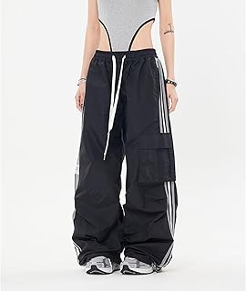 Comprar yanenrun Y2K KPOP-Pantalones Cargo para Mujer, Pantalones Punk Elegantes De Pierna Ancha con Bolsillos Y Cordón, Pantalón Sudadera Deportiva A Rayas, Pantalones para Correr De Paracaídas