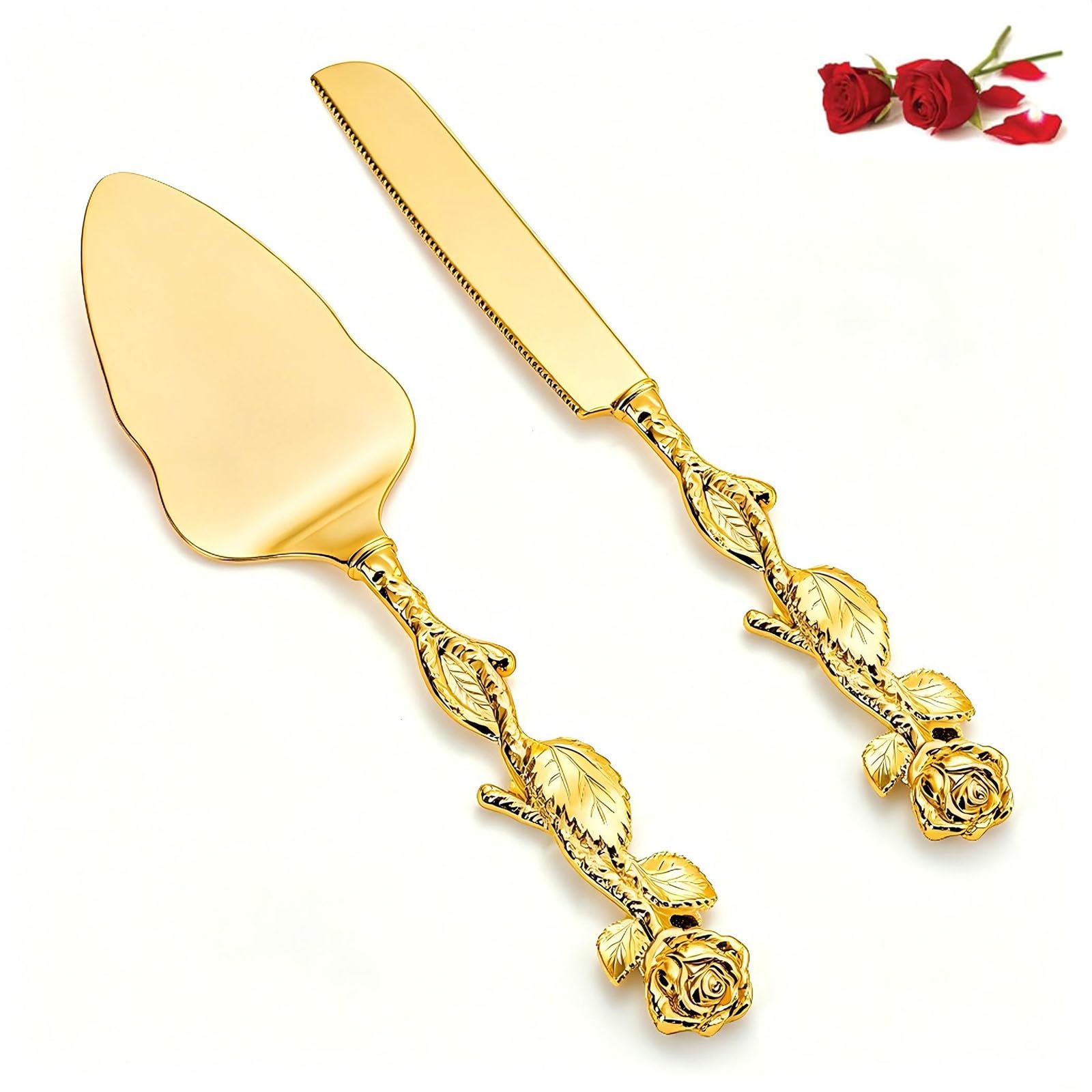 Gold Rose Cake Knife & Server Set - Vintage Wedding -1