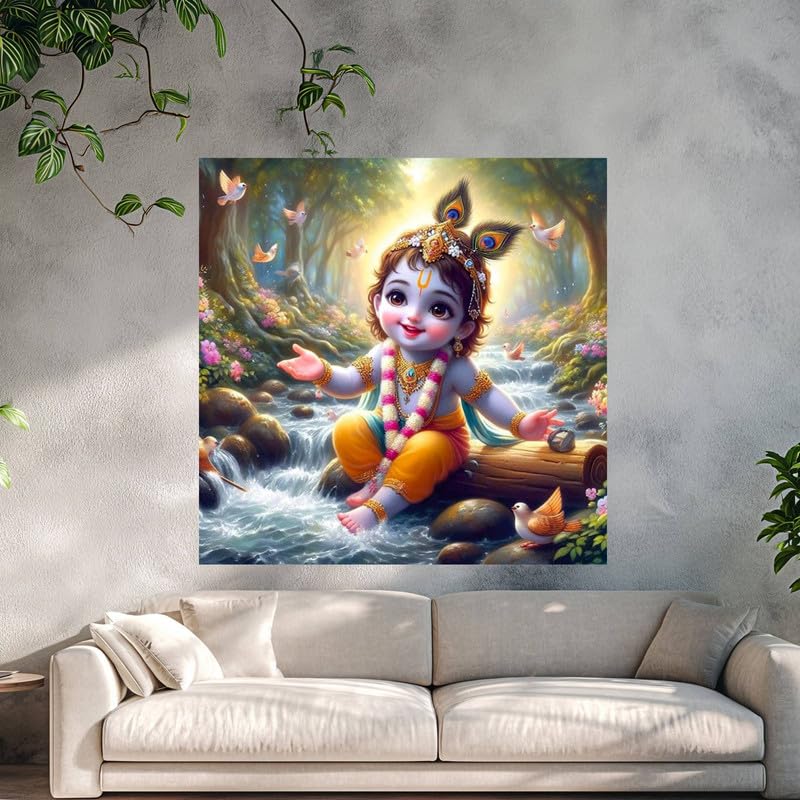 Image of British Terminal Cute little Bal Gopal Baby God Krishna| Kanha Ji | Laddu Lord Makhan Chor Painting Religious Poster for Pregnant Women for wall (matt thin vinyl,sticker,multicolor,unframed)| bj303